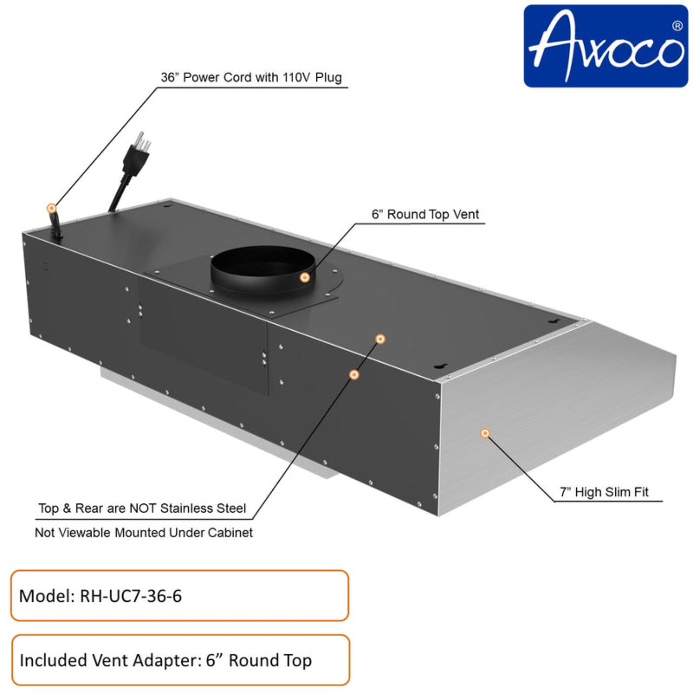 Awoco RH-UC7 36” Under Cabinet 7” High Stainless Steel Range Hood, 6 Speeds with Gesture Sensing Touch Control Panel, 900 CFM with Remote Control, 5W LED Light Bar -  RH-UC7-36-6