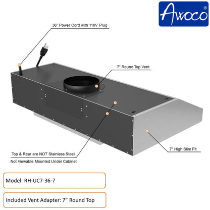 Awoco RH-UC7 36” Under Cabinet 7” High Stainless Steel Range Hood, 6 Speeds with Gesture Sensing Touch Control Panel, 900 CFM with Remote Control, 5W LED Light Bar -  RH-UC7-36-6