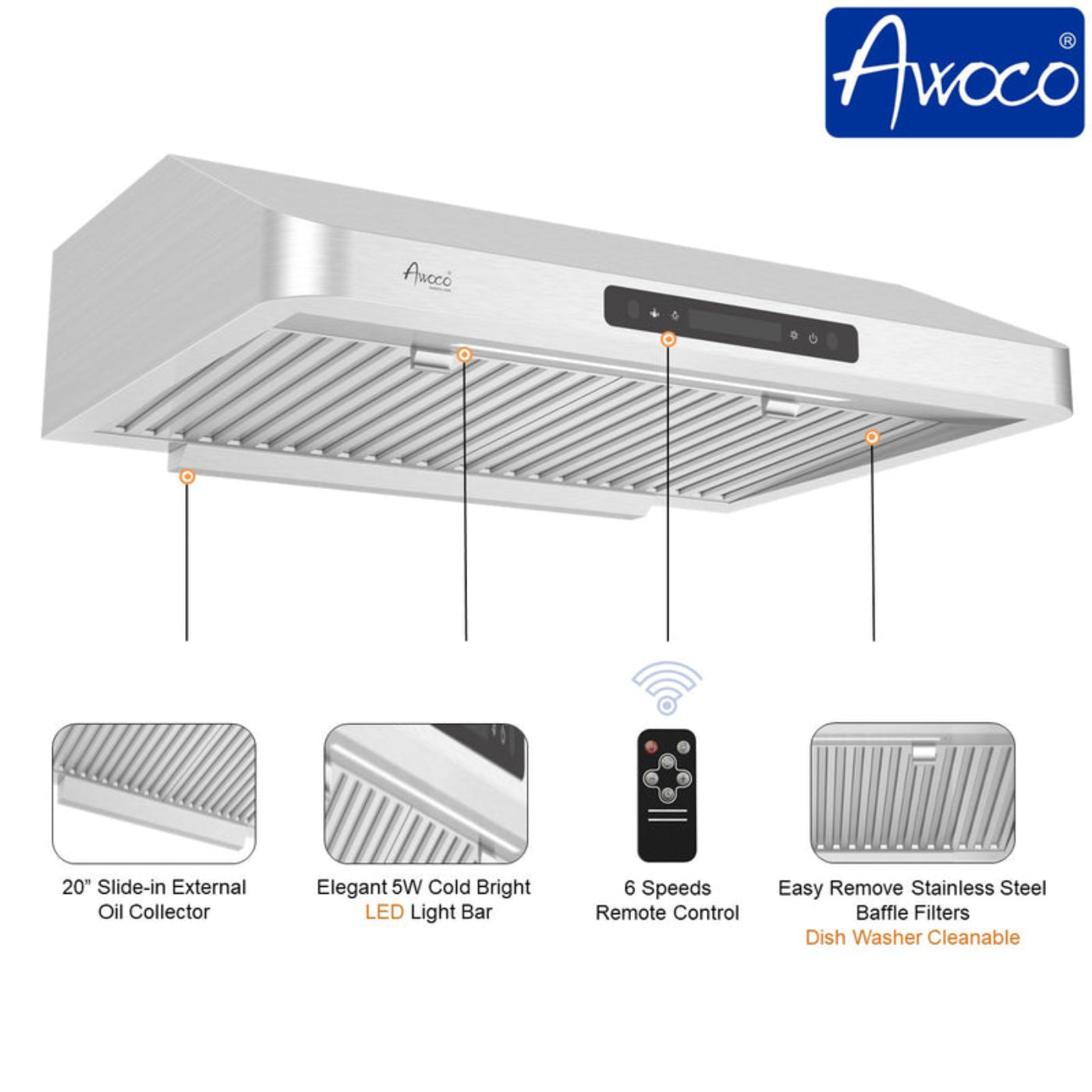 Awoco RH-UC7 30" Under Cabinet 7” High Stainless Steel Range Hood, 6 Speeds with Gesture Sensing Touch Control Panel, 900 CFM with Remote Control, 5W LED Light Bar -  RH-UC7-30-6