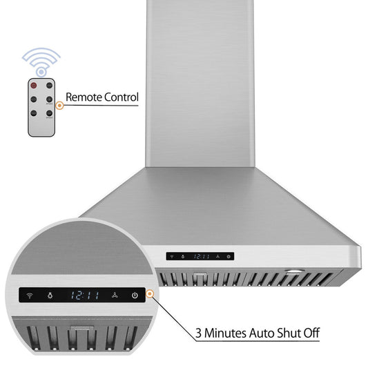 Awoco RH-WT-C Wall Mount Stainless Steel Range Hood, 3 Speeds, 800CFM, 2 LED Lights, Remote Control, With 6” Blower Unit - RH-WT-C30+RH-SP06-BLW