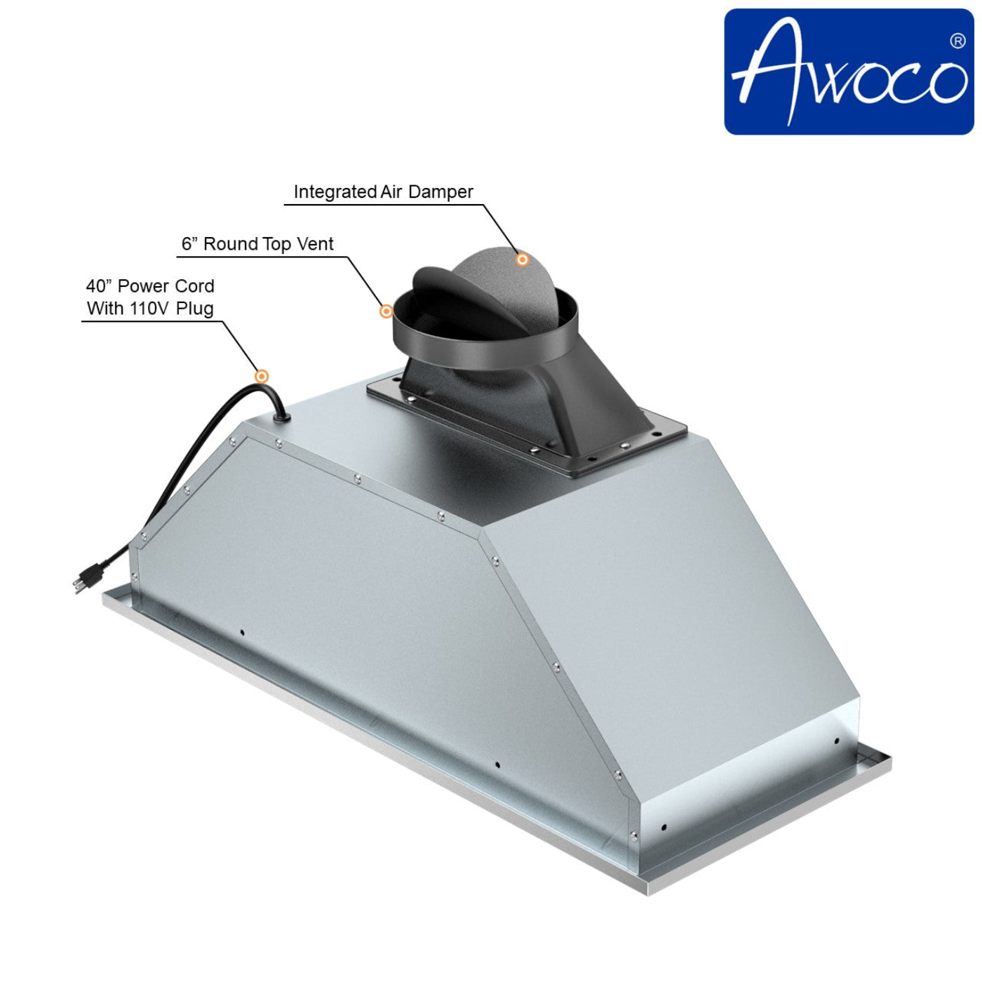 Awoco RH-BQ-R 14-1/2”D Built-in/Insert Stainless Steel Range Hood, 4-Speed, 650 CFM, LED Lights, Baffle Filters for Wood Hood - RH-BQ-R30