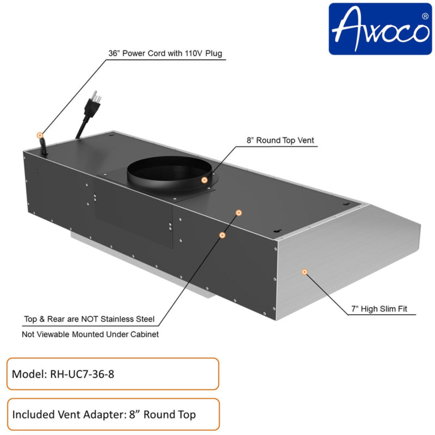 Awoco RH-UC7 36” Under Cabinet 7” High Stainless Steel Range Hood, 6 Speeds with Gesture Sensing Touch Control Panel, 900 CFM with Remote Control, 5W LED Light Bar -  RH-UC7-36-6