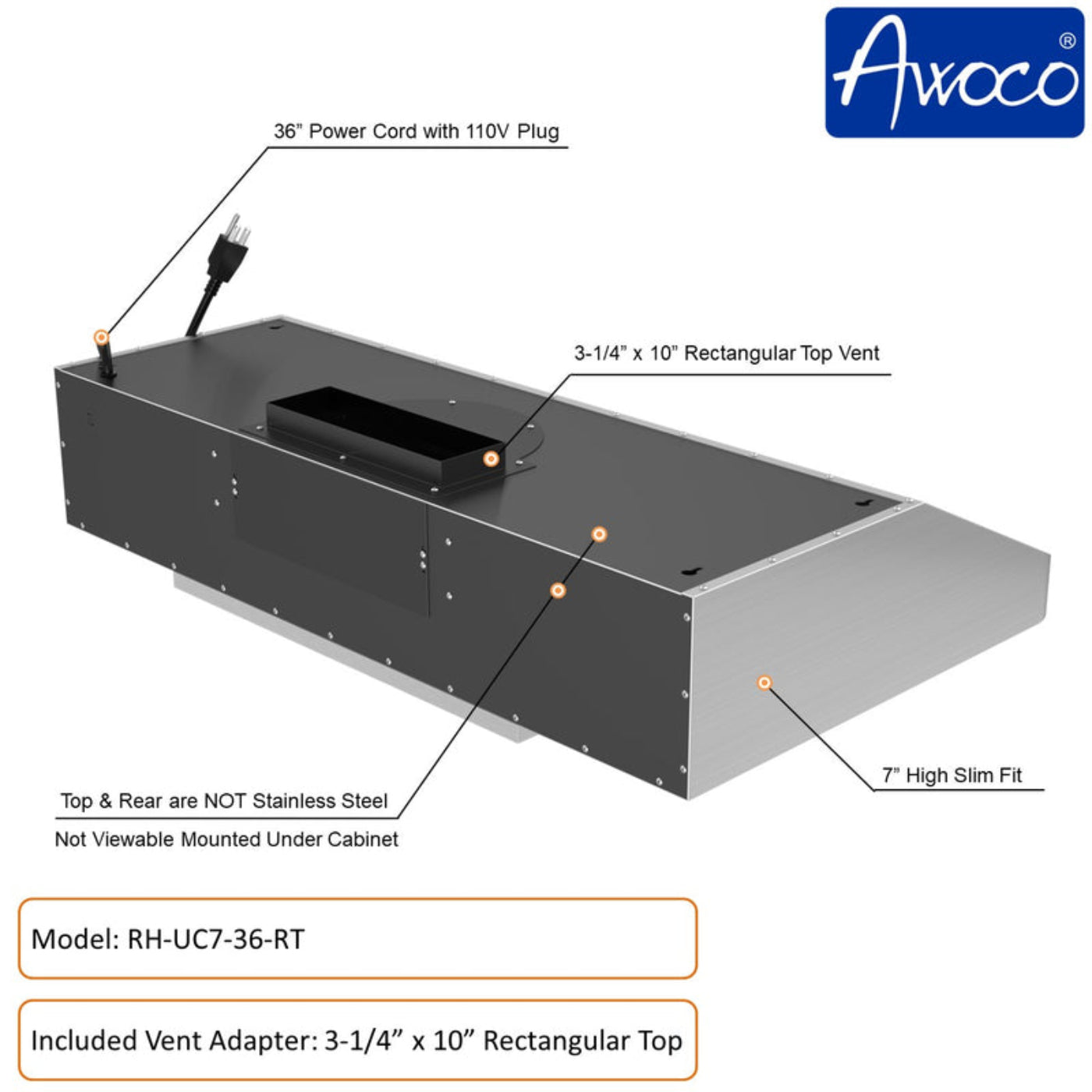 Awoco RH-UC7 36” Under Cabinet 7” High Stainless Steel Range Hood, 6 Speeds with Gesture Sensing Touch Control Panel, 900 CFM with Remote Control, 5W LED Light Bar -  RH-UC7-36-6