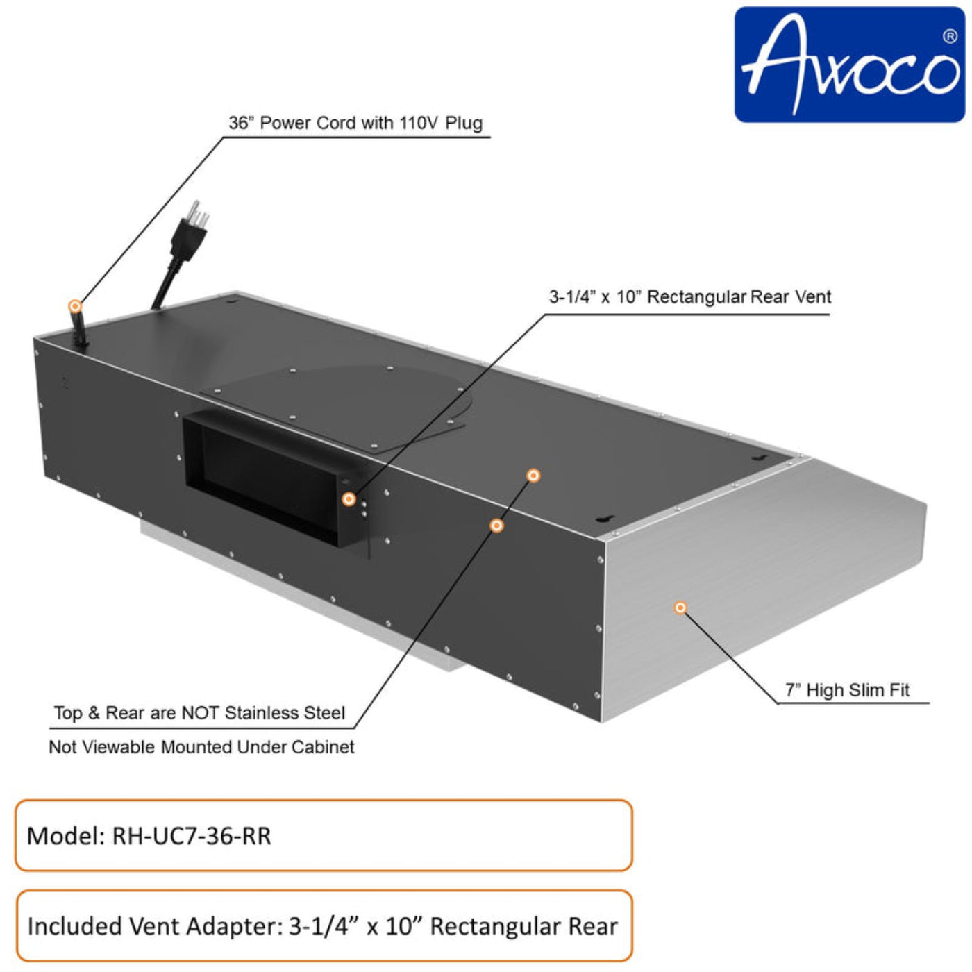 Awoco RH-UC7 36” Under Cabinet 7” High Stainless Steel Range Hood, 6 Speeds with Gesture Sensing Touch Control Panel, 900 CFM with Remote Control, 5W LED Light Bar -  RH-UC7-36-6