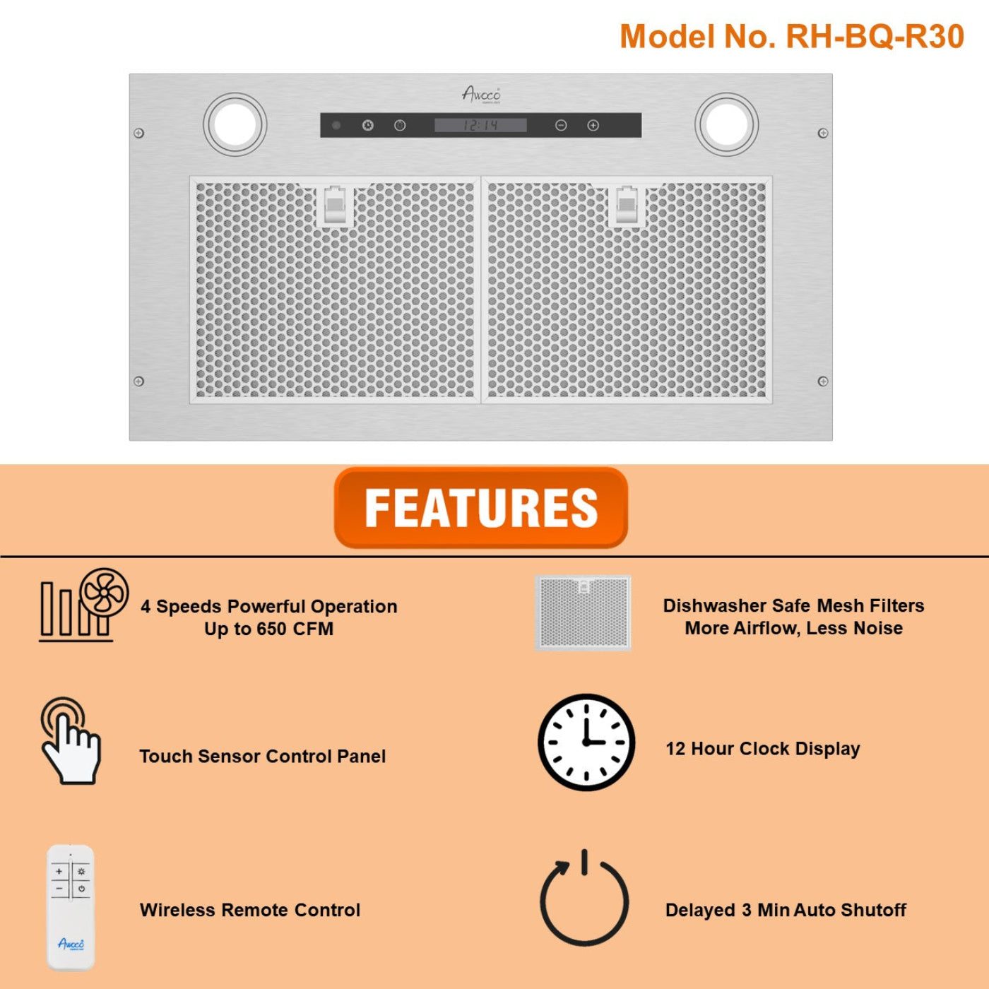 Awoco RH-BQ-R 14-1/2”D Built-in/Insert Stainless Steel Range Hood, 4-Speed, 650 CFM, LED Lights, Baffle Filters for Wood Hood - RH-BQ-R30