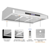 Awoco RH-S10-MS Under Cabinet Supreme 7” High Stainless Steel Range Hood, 4 Speeds with Gesture Sensing Touch Control Panel, 8” Round Top Vent, 1000 CFM with Remote Control & LED Lights - RH-S10-30MS