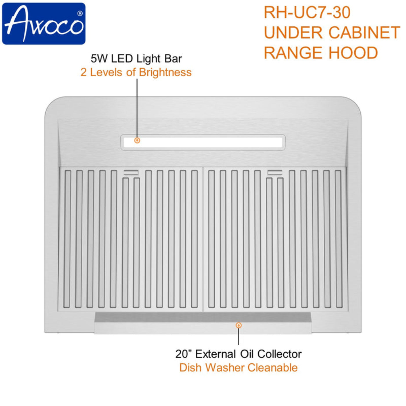 Awoco RH-UC7 30" Under Cabinet 7” High Stainless Steel Range Hood, 6 Speeds with Gesture Sensing Touch Control Panel, 900 CFM with Remote Control, 5W LED Light Bar -  RH-UC7-30-6