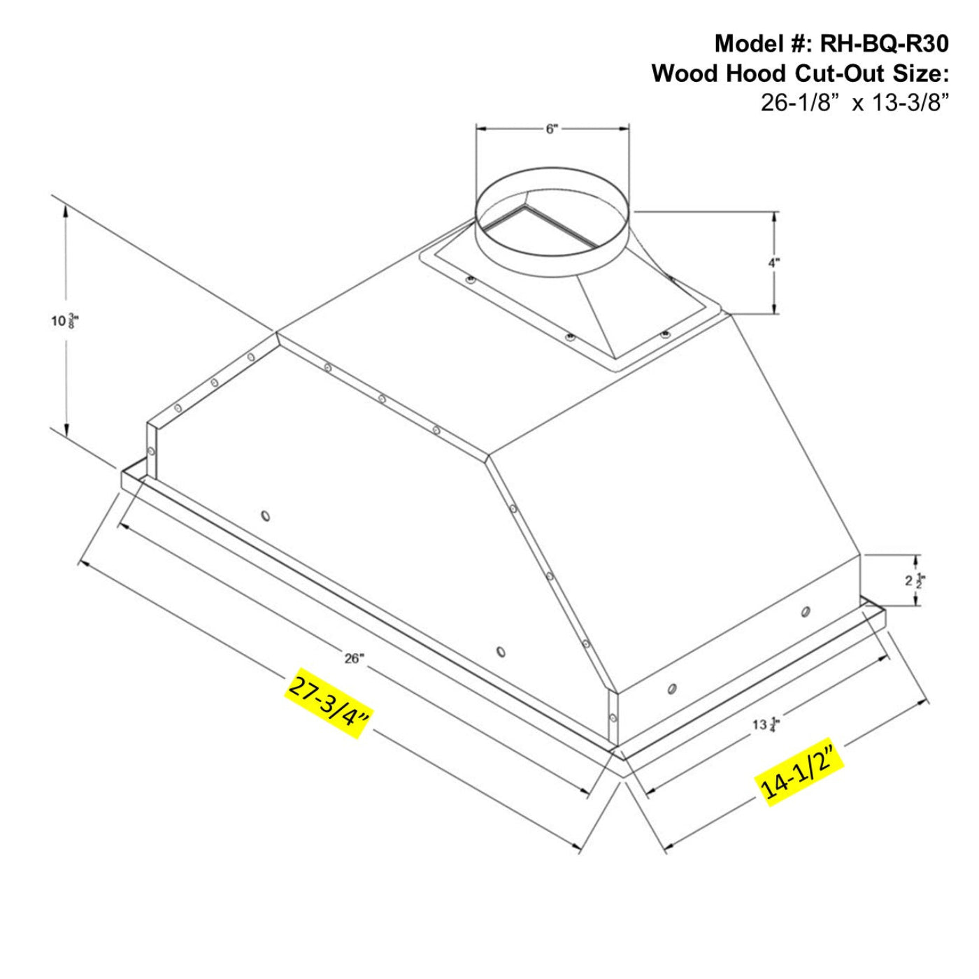 Awoco RH-BQ-R 14-1/2”D Built-in/Insert Stainless Steel Range Hood, 4-Speed, 650 CFM, LED Lights, Baffle Filters for Wood Hood - RH-BQ-R30