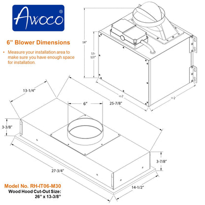 Awoco RH-IT06-M 14-1/2"D Super Quiet Split Insert Stainless Steel Range Hood, 4 Speeds With A 6" Blower Unit, 800CFM, Mesh Filters, LED Lights - RH-IT06-M30-COLD-MESH