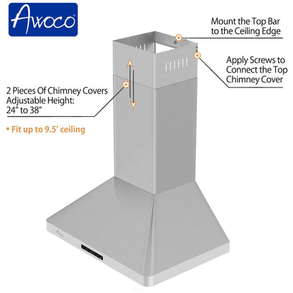 Awoco RH-WT-C Wall Mount Stainless Steel Range Hood, 3 Speeds, 800CFM, 2 LED Lights, Remote Control, With 6” Blower Unit - RH-WT-C30+RH-SP06-BLW