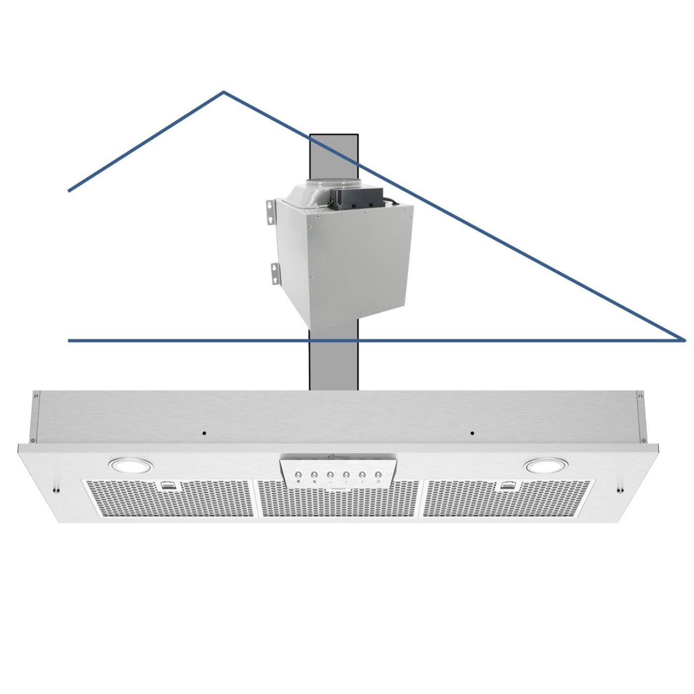 Awoco RH-IT06-M 14-1/2"D Super Quiet Split Insert Stainless Steel Range Hood, 4 Speeds With A 6" Blower Unit, 800CFM, Mesh Filters, LED Lights - RH-IT06-M30-COLD-MESH