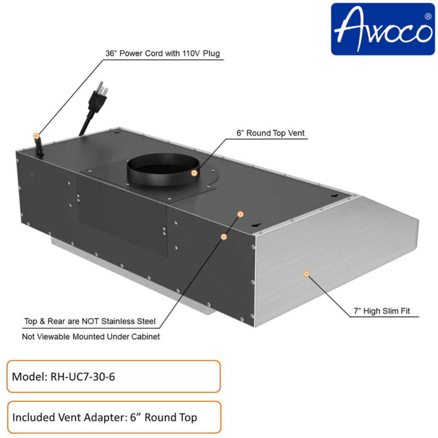 Awoco RH-UC7 30" Under Cabinet 7” High Stainless Steel Range Hood, 6 Speeds with Gesture Sensing Touch Control Panel, 900 CFM with Remote Control, 5W LED Light Bar -  RH-UC7-30-6