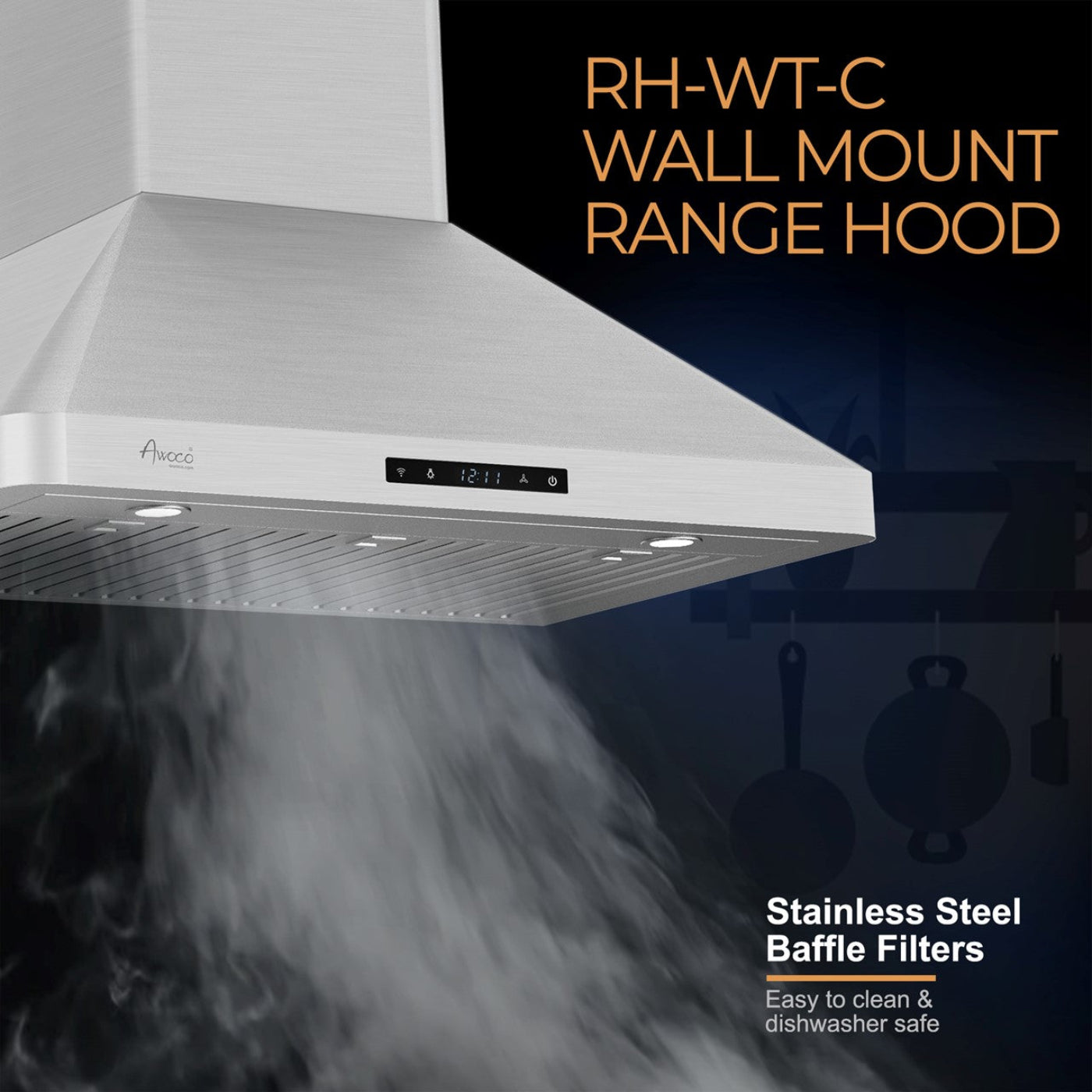 Awoco RH-WT-C Wall Mount Stainless Steel Range Hood, 3 Speeds, 1000CFM, 2 LED Lights, Remote Control, With 8” Blower Unit - RH-WT-C30+RH-SP08-BLW