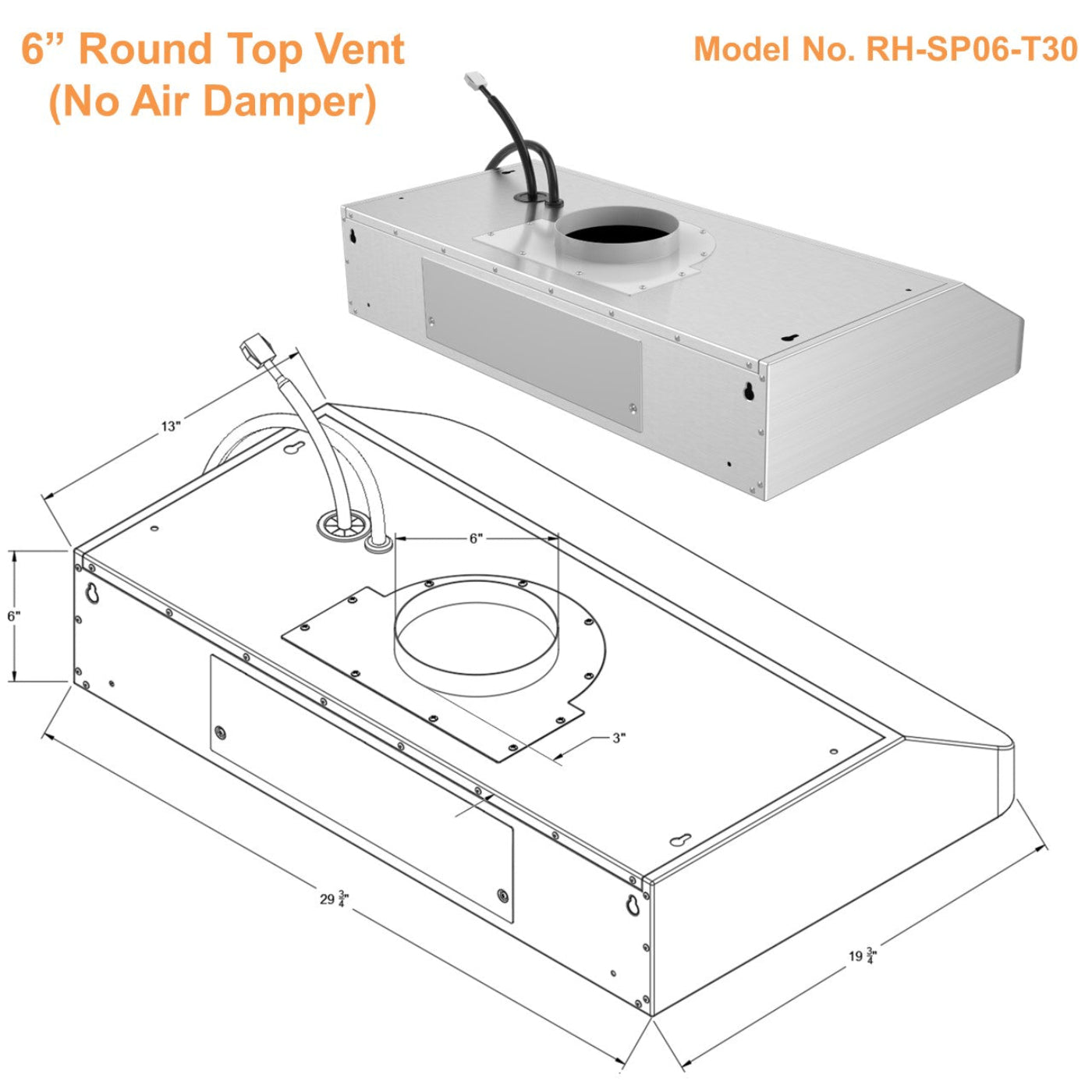 Awoco RH-SP06-T Super Quiet Split Stainless Steel Range Hood, 4 Speeds, 6" Round Top Vent, 800CFM, with LED Lights - RH-SP06-T30