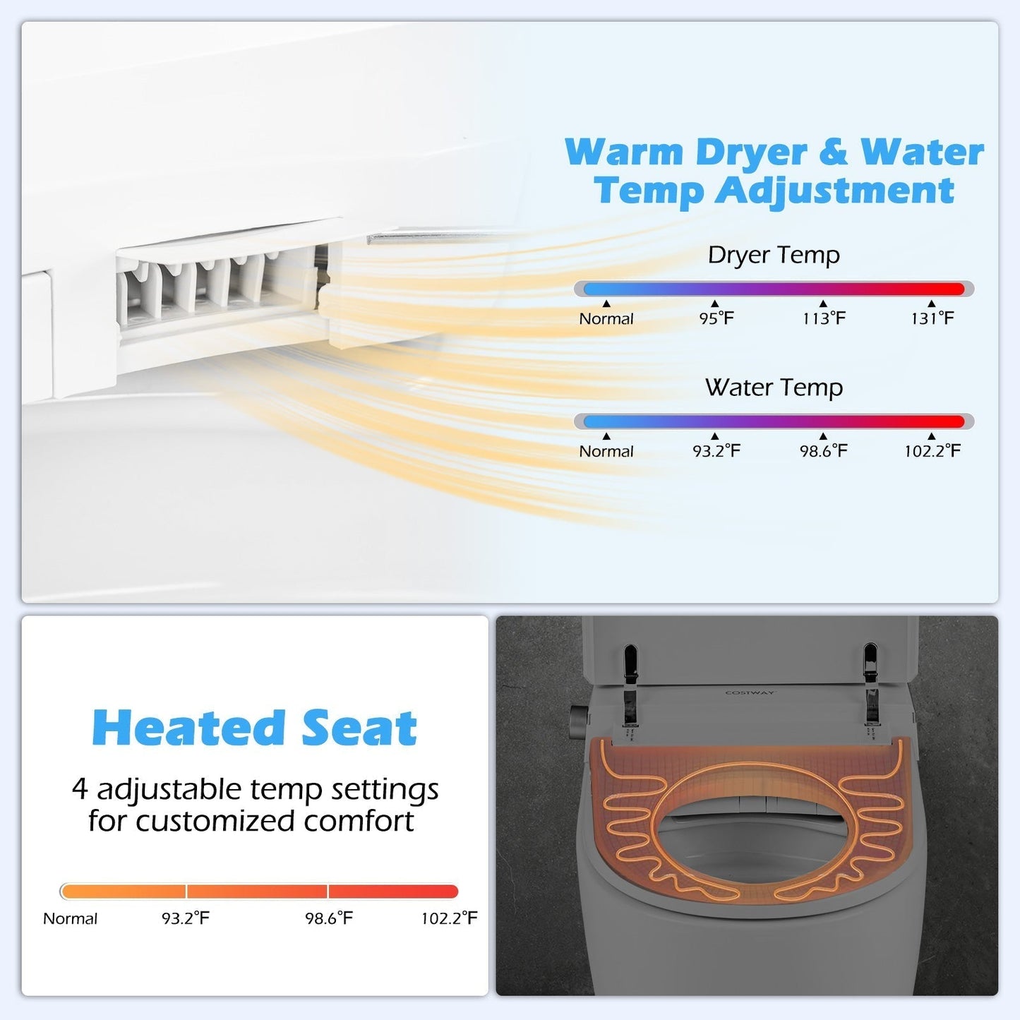 Costway Elongated Smart Toilet Bidet 1.28 GPF Auto Open Lid Heated Seat New - BA8182US-WH