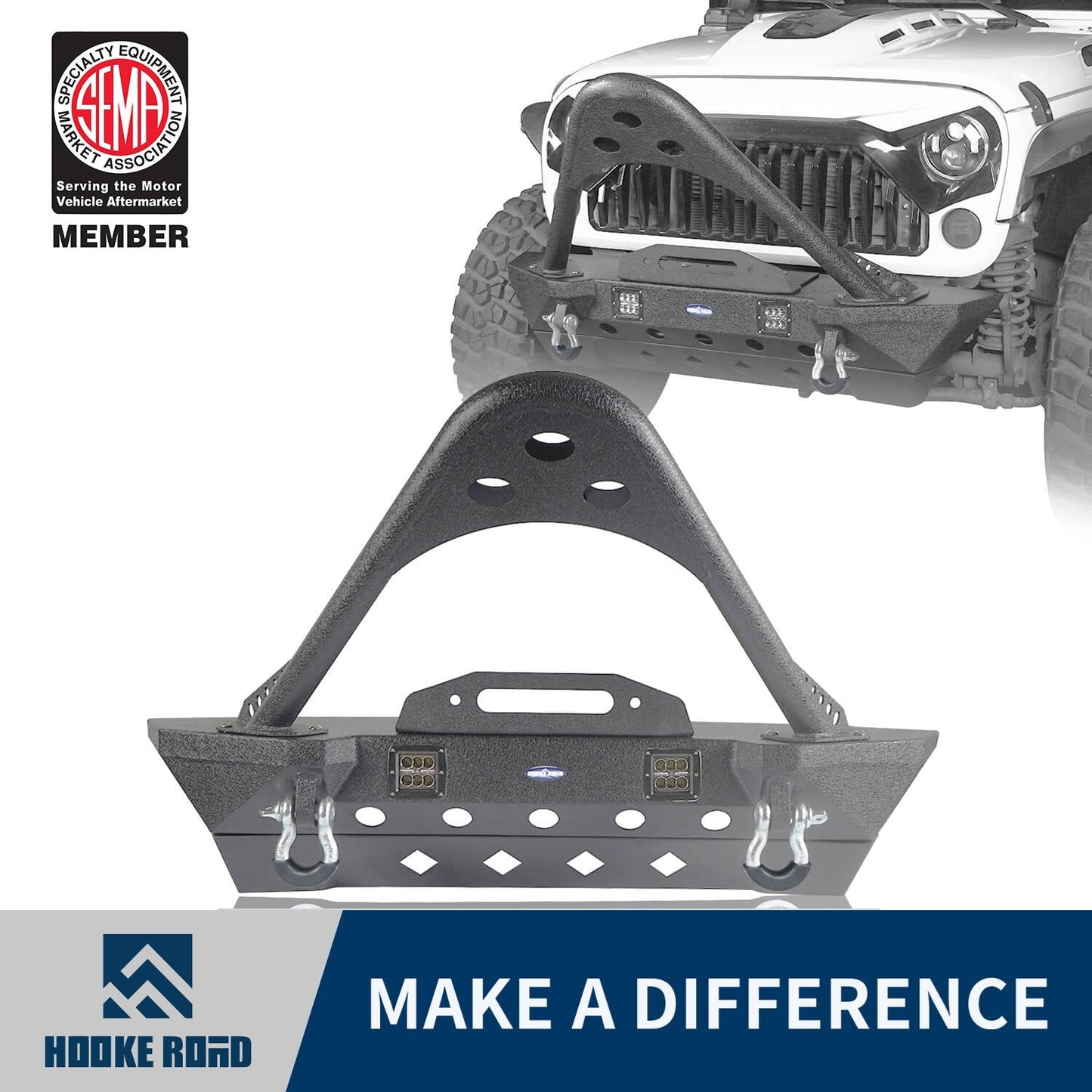 Hooke Road Stubby Front Bumper w/Stinger & Winch Plate Mount w/ 2X 18W LED Spotlight(Jeep Wrangler JK) - HE.2039A+HE.2039B