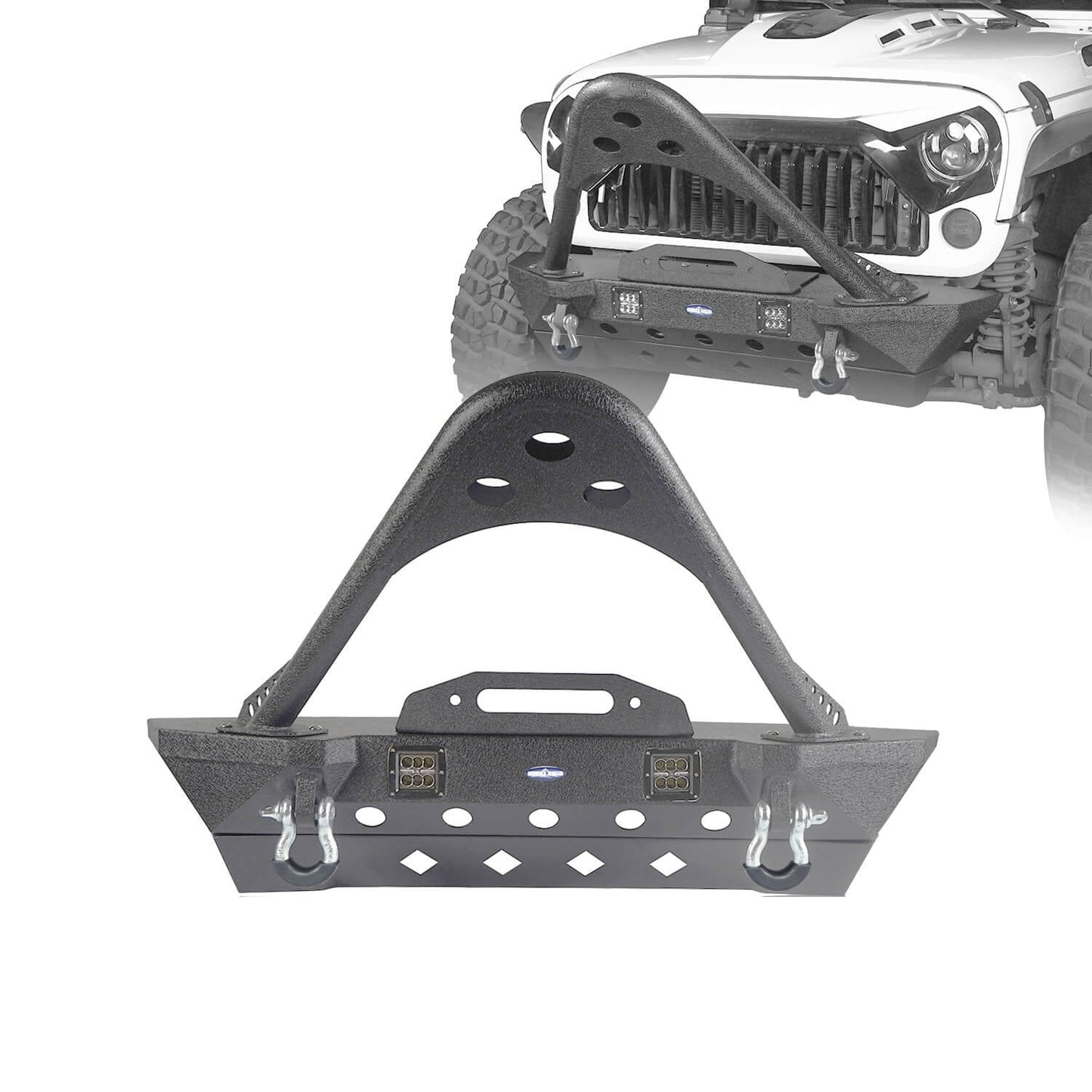 Hooke Road Stubby Front Bumper w/Stinger & Winch Plate Mount w/ 2X 18W LED Spotlight(Jeep Wrangler JK) - HE.2039A+HE.2039B