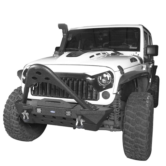 Hooke Road Stubby Front Bumper w/Stinger & Winch Plate Mount w/ 2X 18W LED Spotlight(Jeep Wrangler JK) - HE.2039A+HE.2039B