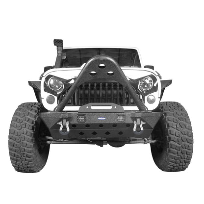 Hooke Road Stubby Front Bumper w/Stinger & Winch Plate Mount w/ 2X 18W LED Spotlight(Jeep Wrangler JK) - HE.2039A+HE.2039B