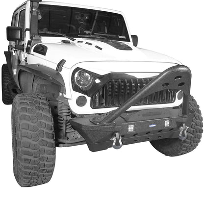 Hooke Road Stubby Front Bumper w/Stinger & Winch Plate Mount w/ 2X 18W LED Spotlight(Jeep Wrangler JK) - HE.2039A+HE.2039B