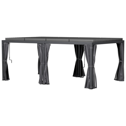 12' x 19' Aluminum Pergola with Adjustable Louvers, Curtains & Netting, Dark Gray