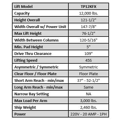 Tuxedo  12,000 lb Two Post Floor Plate Lift - TP12KFX