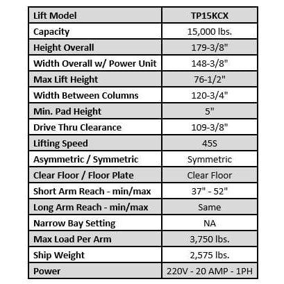 Tuxedo  15,000 lb Heavy Duty Two Post Lift - TP15KCX