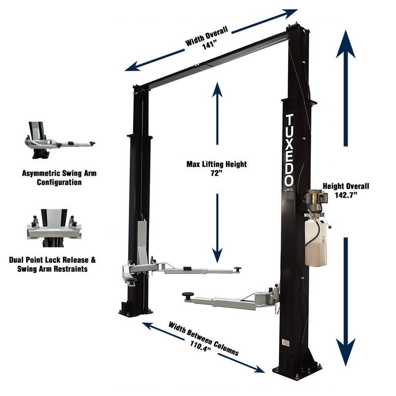 Tuxedo 9,000 lb Two Post Clear Floor - Asymmetric - TP9KAC-TUX