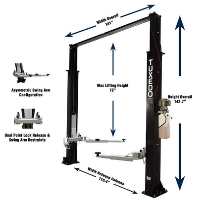 Tuxedo 9,000 lb Two Post Clear Floor - Asymmetric - TP9KAC-TUX