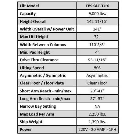 Tuxedo 9,000 lb Two Post Clear Floor - Asymmetric - TP9KAC-TUX