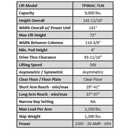 Tuxedo 9,000 lb Two Post Clear Floor - Asymmetric - TP9KAC-TUX