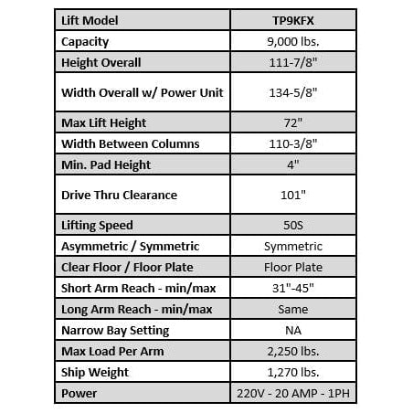 Tuxedo 9,000 lb Two Post Floor Plate - Symmetric - TP9KFX