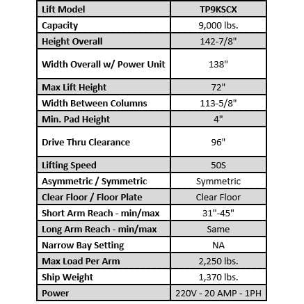 Tuxedo TP9KSCX 9,000 lb Two Post Clear Floor - Symmetric - TP9KSCX
