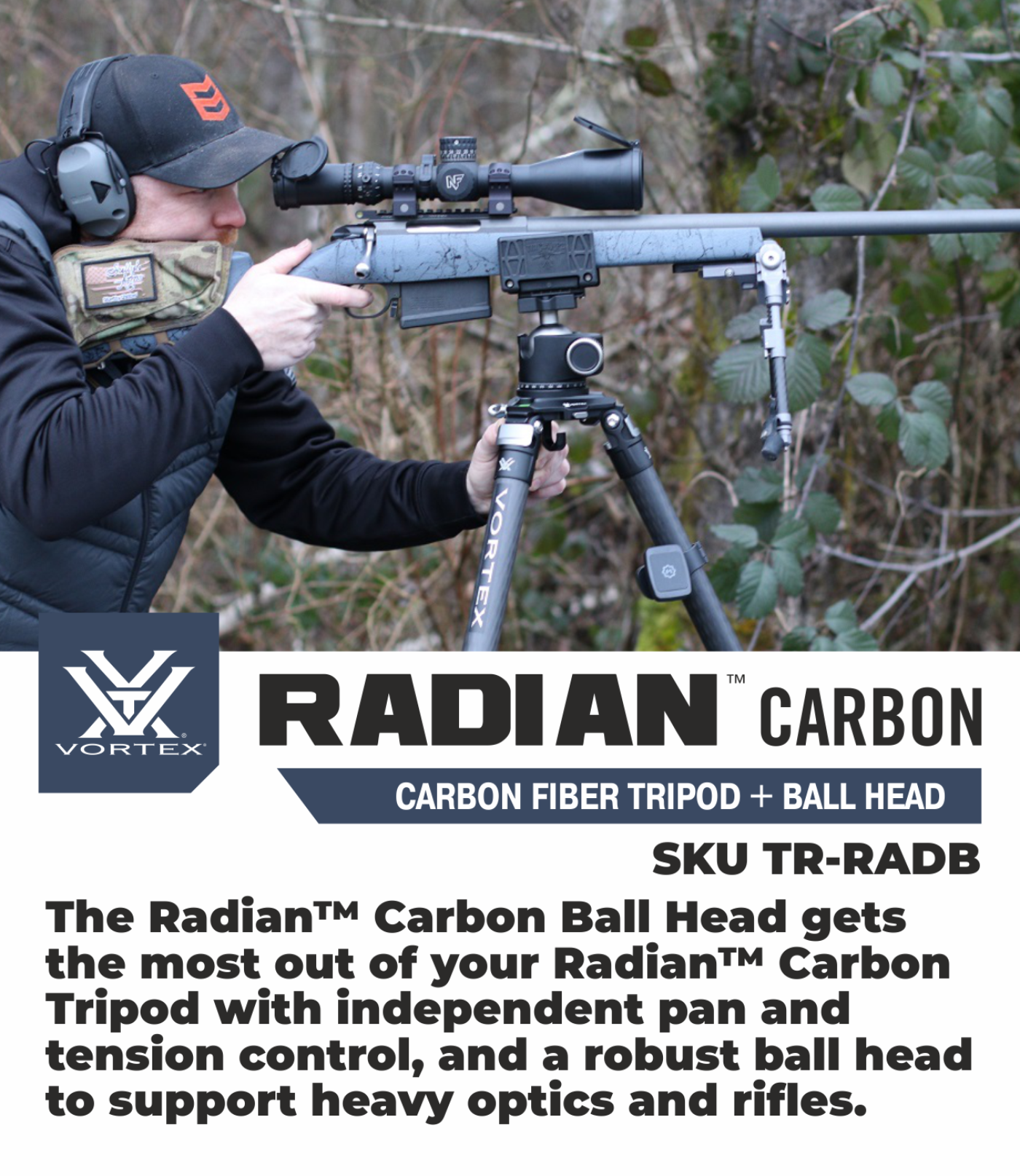 Vortex Optics Radian Carbon Fiber Tripod Kit with Ball Head with Free Hat Bundle - TR-RADB_Hat-CD