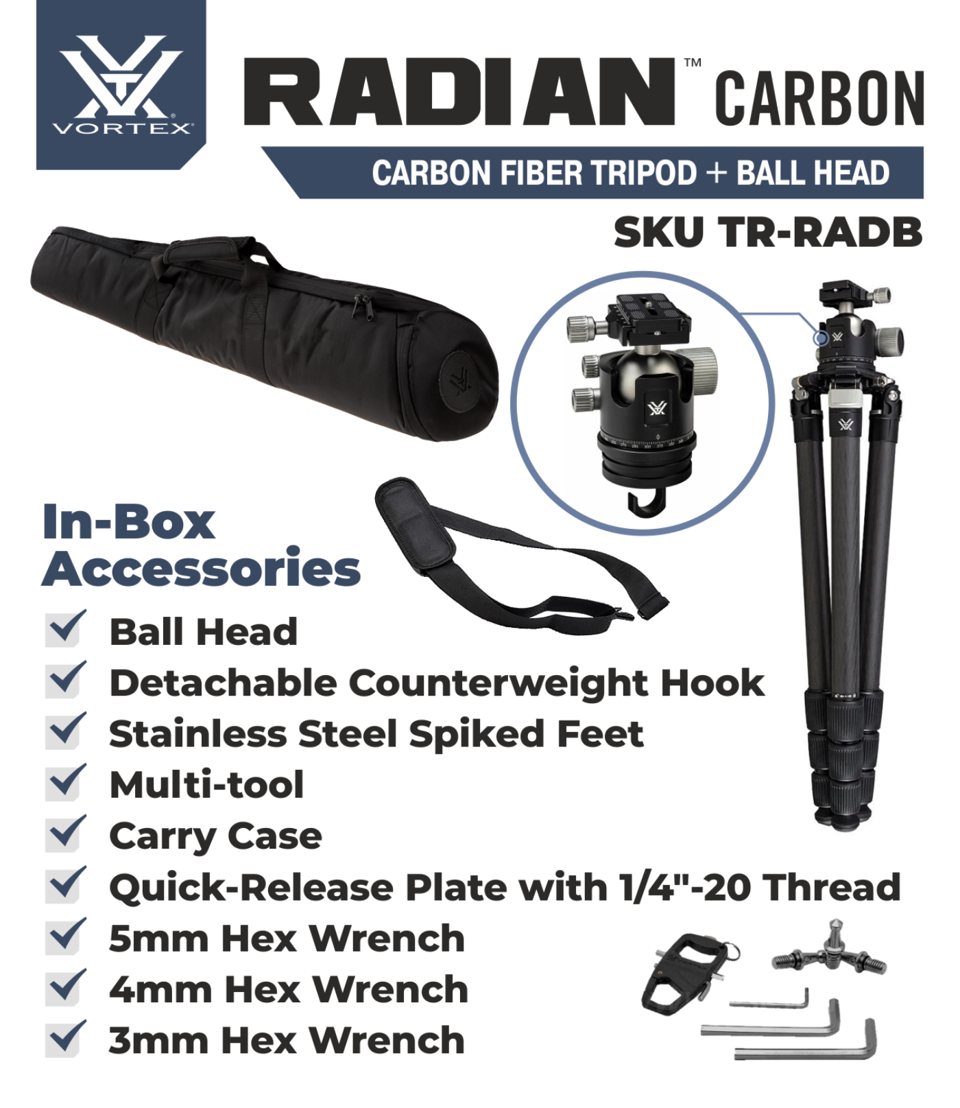 Vortex Optics Radian Carbon Fiber Tripod Kit with Ball Head with Free Hat Bundle - TR-RADB_Hat-CD