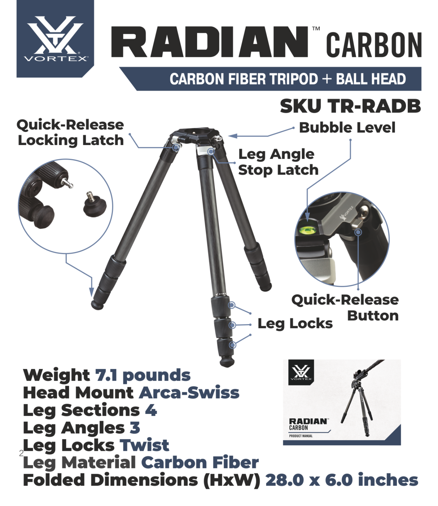 Vortex Optics Radian Carbon Fiber Tripod Kit with Ball Head with Free Hat Bundle - TR-RADB_Hat-CD