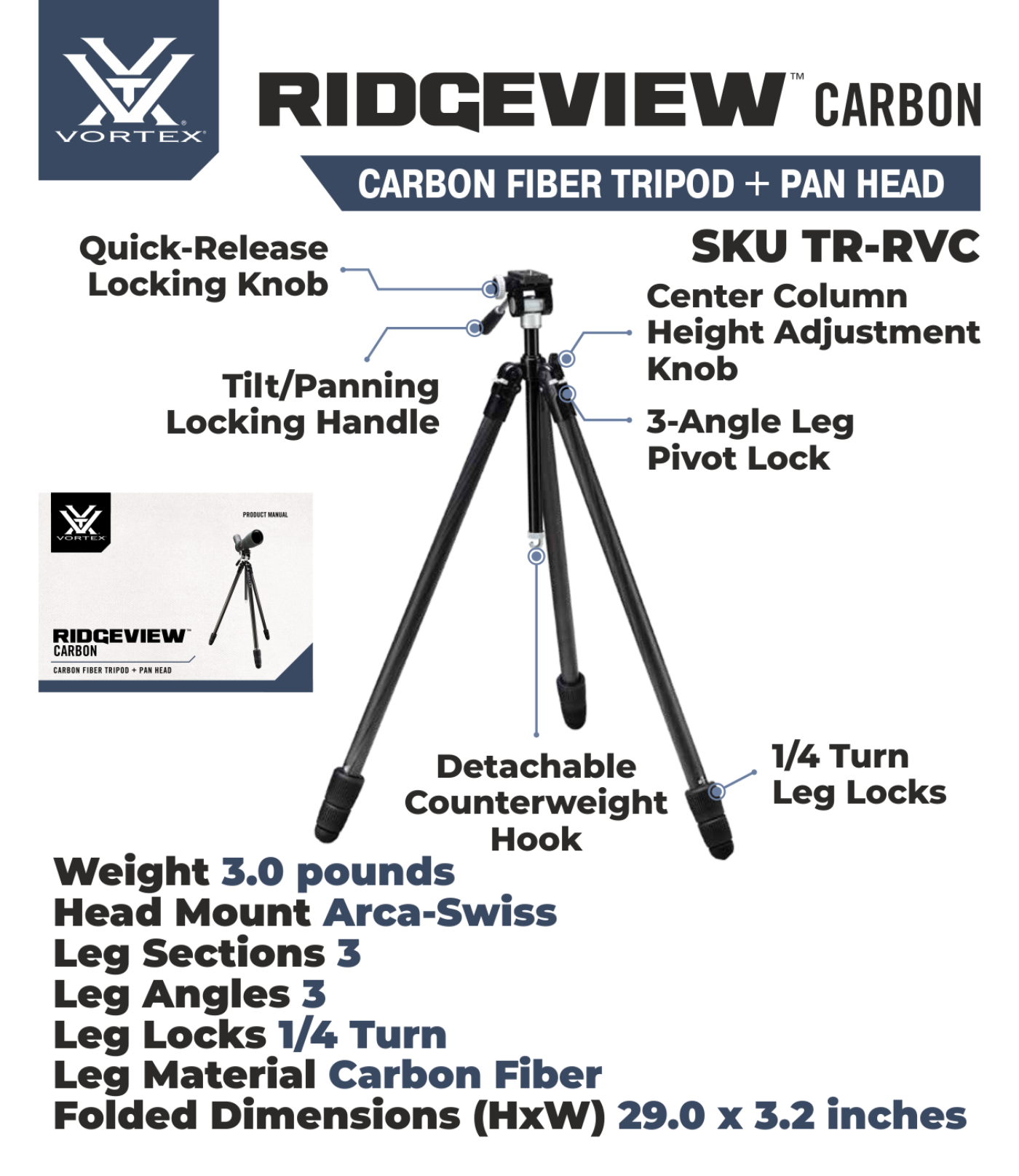 Vortex Optics Ridgeview Carbon Tripod Kit with Free Hat Bundle - TR-RVC_Hat-CD