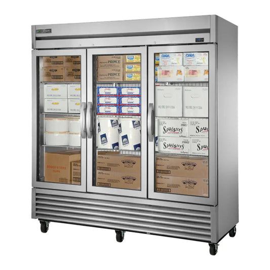 True TS-72FG-HC-FGD01 78 1/8" Stainless Steel and Aluminum Three Section Reach-in Freezer,with 3 Glass Door, 115/208 230v/1ph - TS-72FG-HC-FGD01