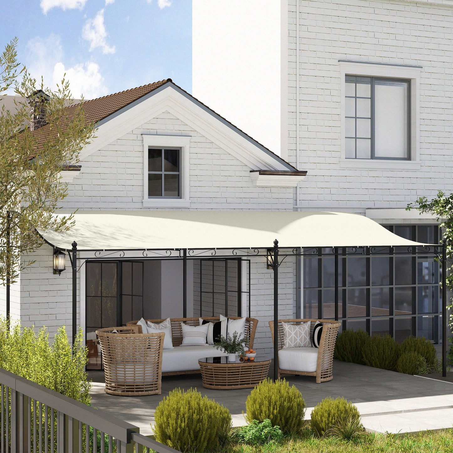 Outsunny 10' x 20' Wall-Mounted Metal Pergola Canopy with Drainage Holes in Cream White - 84C-582V01CW