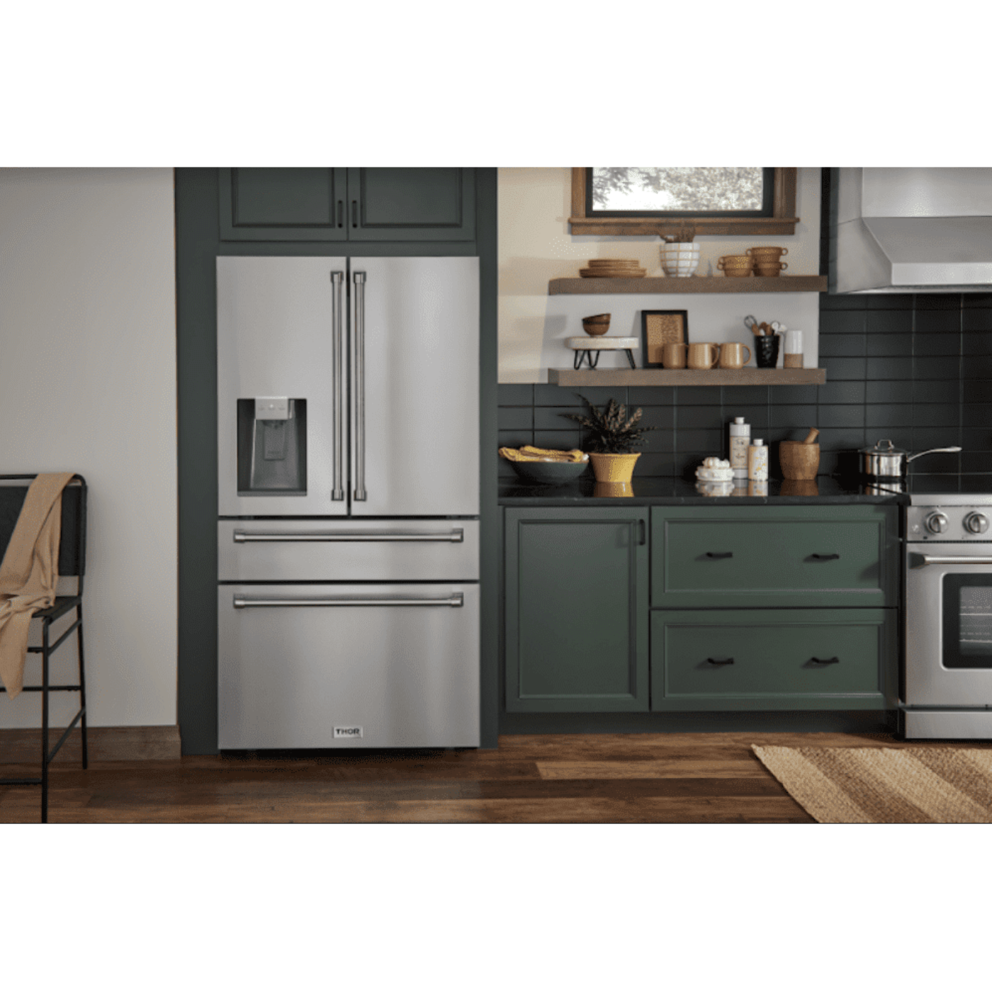 Thor Kitchen Appliance Package - 36 in. Electric Range, Range Hood, Microwave Drawer, Refrigerator with Water and Ice Dispenser, Dishwasher, AP-HRE3601-13