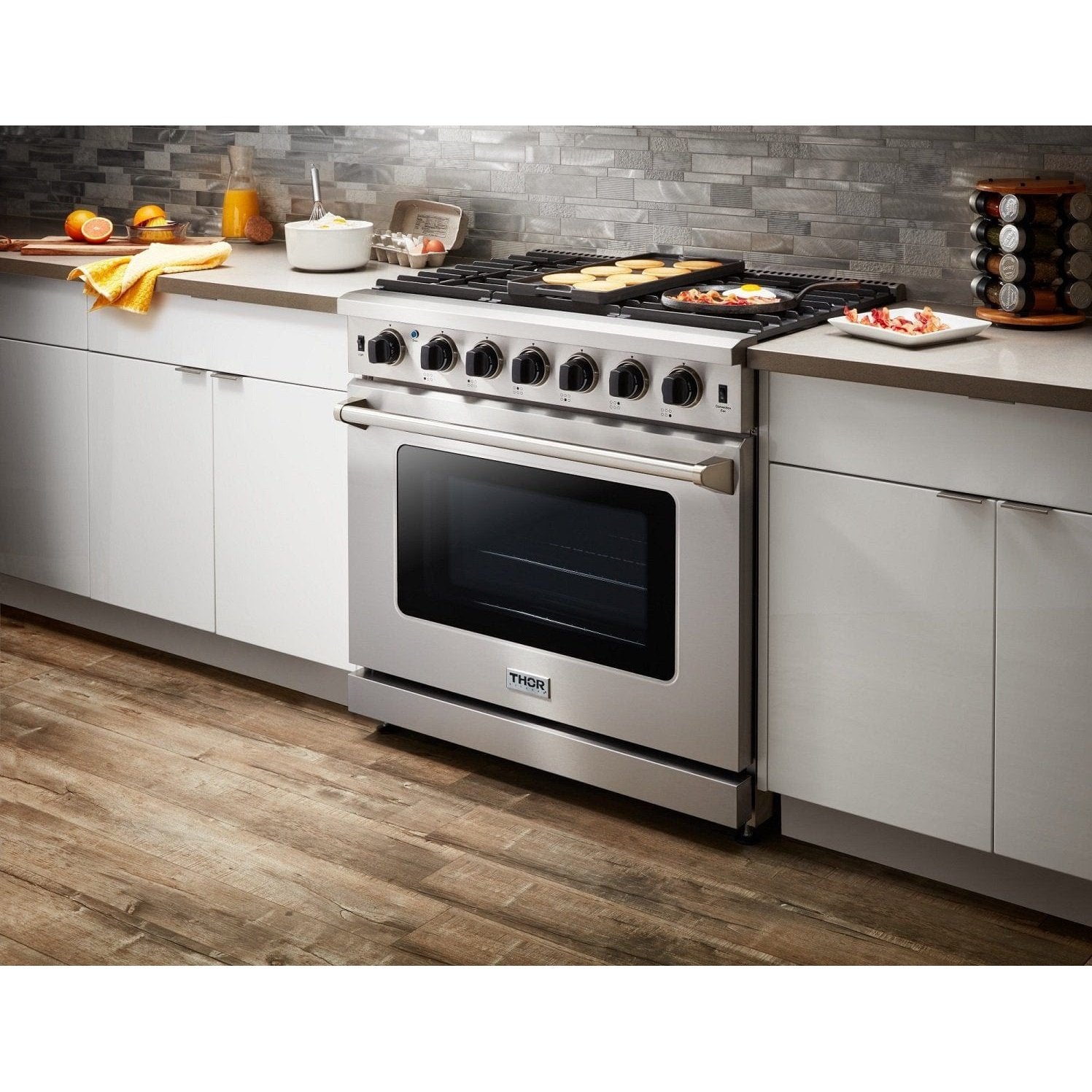 Thor Kitchen Appliance Package - 36 in. Natural Gas Range, Microwave Drawer, Refrigerator, Dishwasher, AP-LRG3601U-6