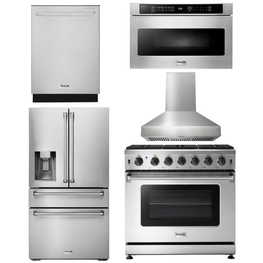 Thor Kitchen Package - 36 Inch Gas Range, Range Hood, Microwave, Refrigerator with Water and Ice Dispenser, Dishwasher, AP-LRG3601U-W-9