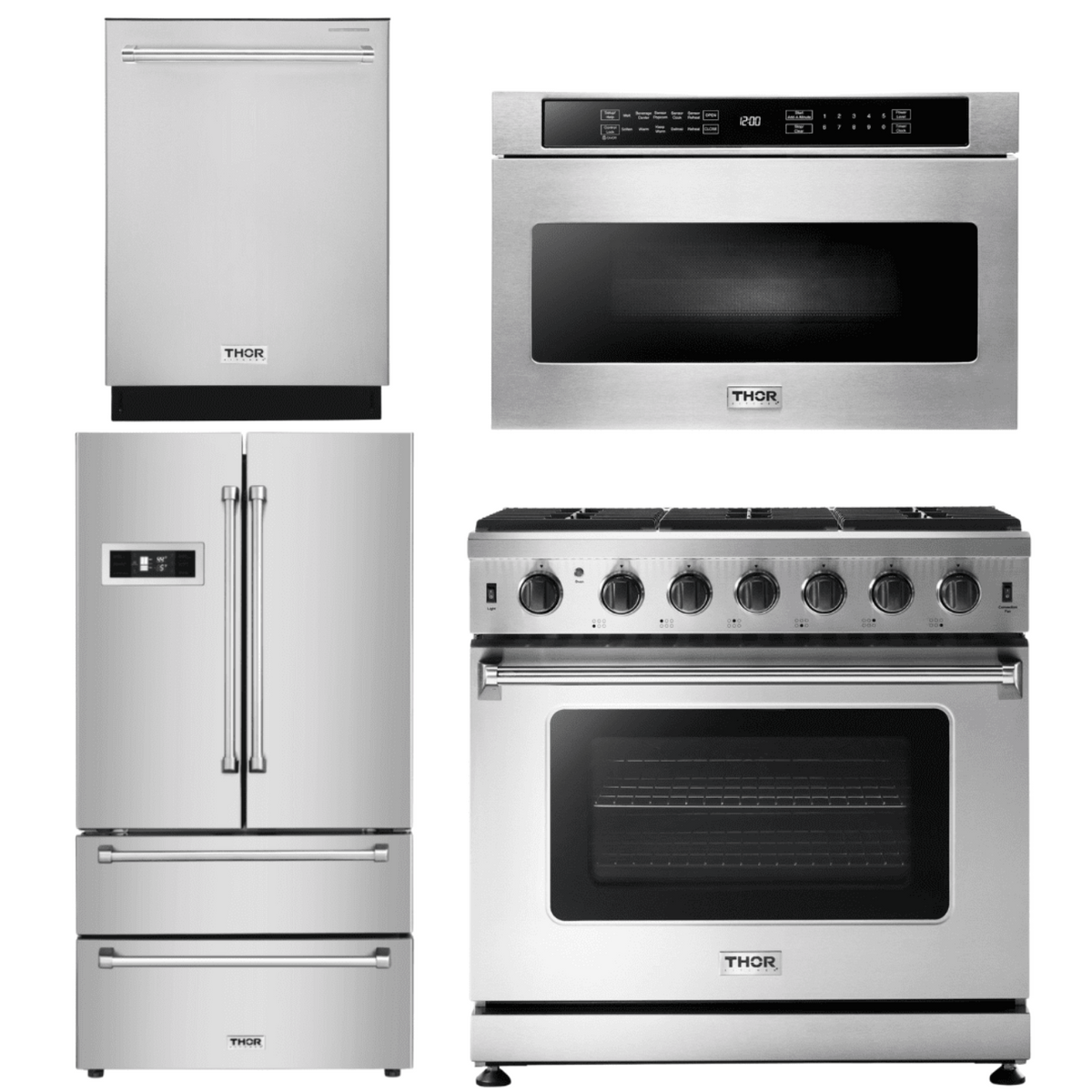 Thor Kitchen Appliance Package - 36 in. Natural Gas Range, Microwave Drawer, Refrigerator, Dishwasher, AP-LRG3601U-6