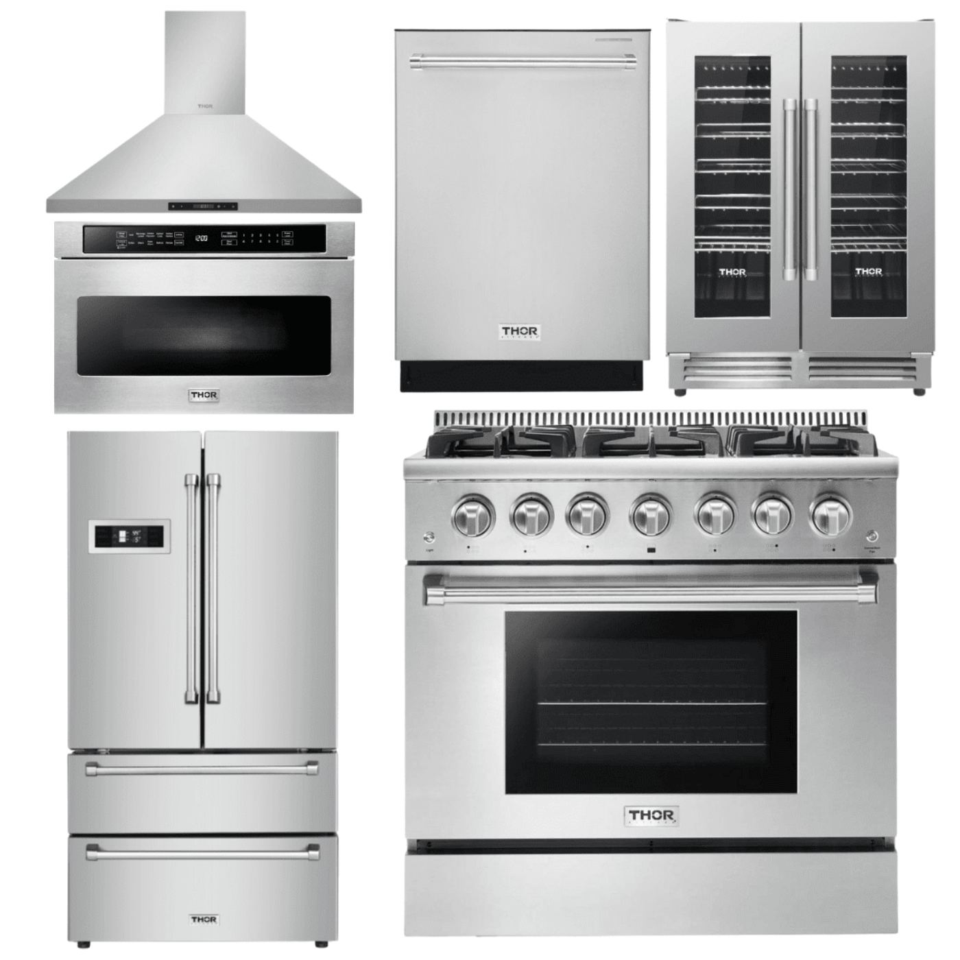 Thor Kitchen Appliance Package - 36 in. Natural Gas Range, Range Hood, Microwave Drawer, Refrigerator, Dishwasher, Wine Cooler, AP-HRG3618U-8