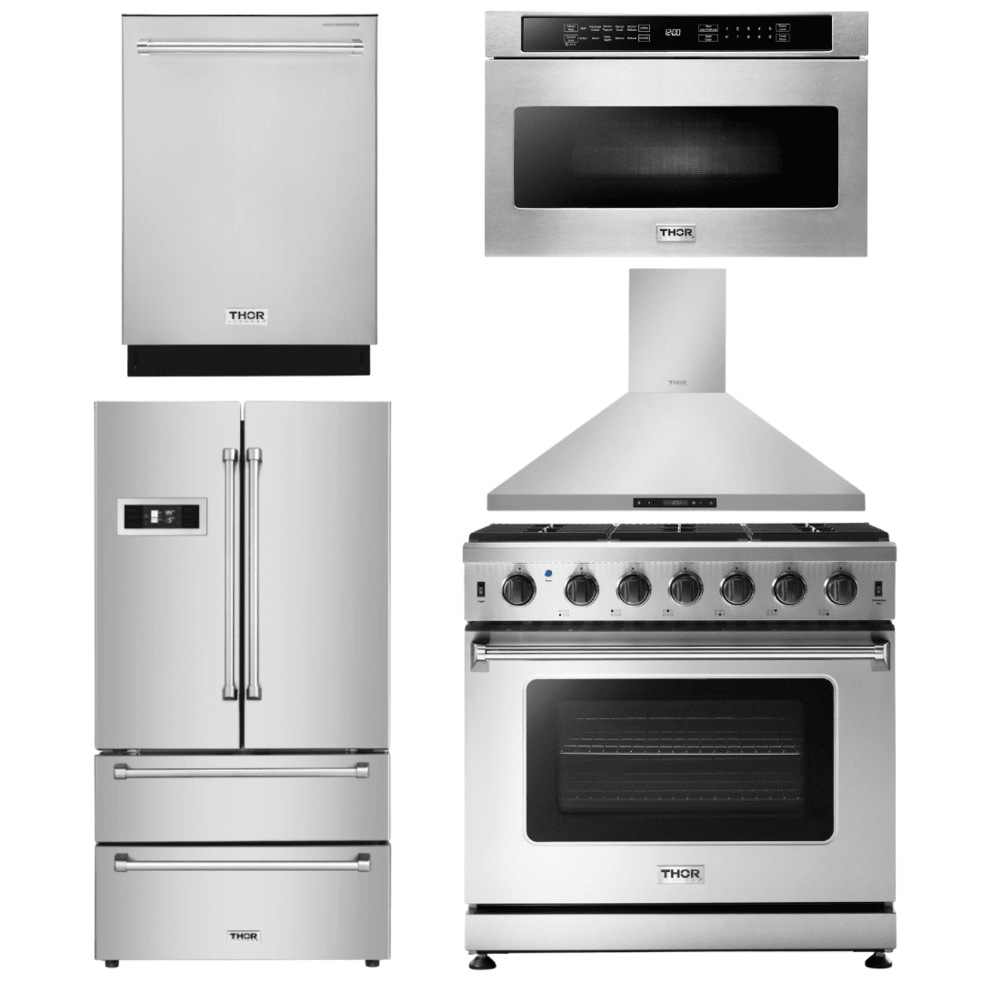 Thor Kitchen Appliance Package - 36 in. Propane Gas Range, Range Hood, Microwave Drawer, Refrigerator, Dishwasher, AP-LRG3601ULP-7