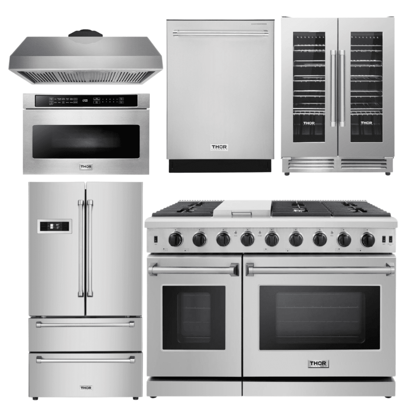 Thor Kitchen Appliance Package - 48 in. Propane Gas Range, Range Hood, Refrigerator, Dishwasher, Wine Cooler, Microwave, AP-LRG4807ULP-8