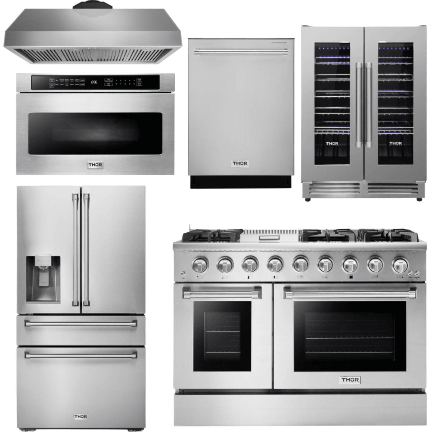 Thor Kitchen Professional Appliance Package - 48 in. Gas Range, Range Hood, Refrigerator with Water and Ice Dispenser, Dishwasher, Microwave Drawer, Wine Cooler, AP-HRG4808U-14