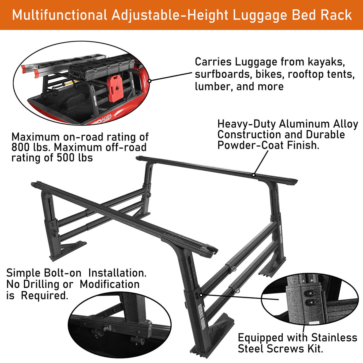 Hooke Road Truck Bed Cargo Rack Truck Ladder Rack(Most Commom Truck) - QT.10019