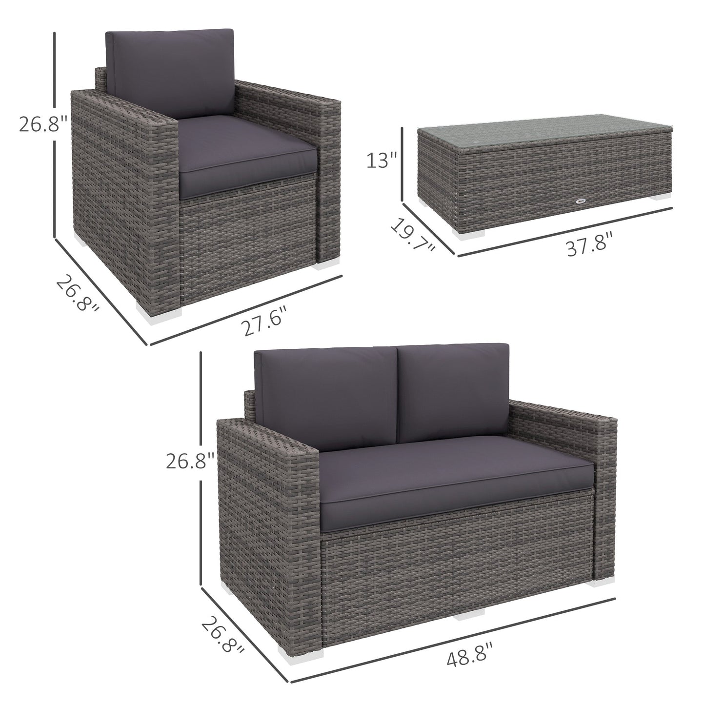 Outsunny 4-Piece Rattan Wicker Sofa Set with Loveseat and Glass Coffee Table for Outdoor Gray - 841-086V02GY