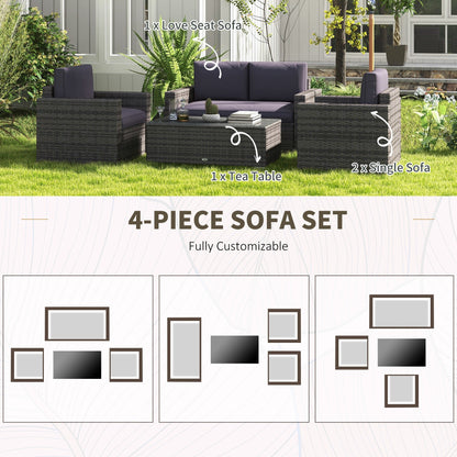 Outsunny 4-Piece Rattan Wicker Sofa Set with Loveseat and Glass Coffee Table for Outdoor Gray - 841-086V02GY